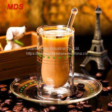 Borosilicate cylinder double wall turkish glass tea cup with plate and spoon