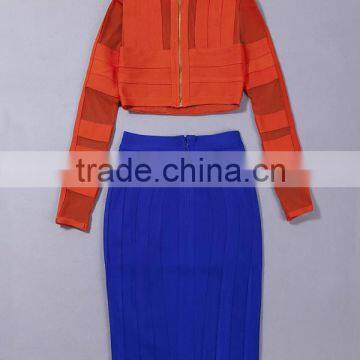 2016 New Summer Orande and Blue Two Pieces Set Mesh Long Sleeve Knee-length Sey Party Night Club Bandage Dress Wholesale photo-5