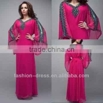 2014 New Arrival Hot Pink Long Sleeve Chiffon Africa Evening Dresses