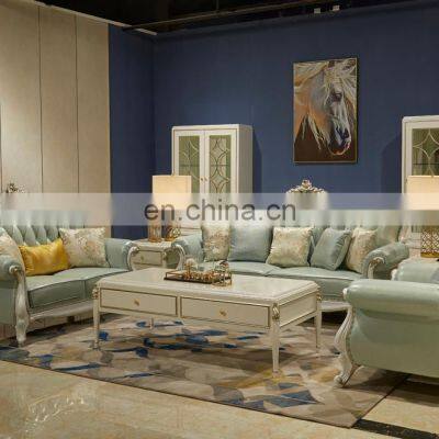 Blue Italian luxury 1+2+3 classic solid wooden structure leather couch living room sofa sets furniture