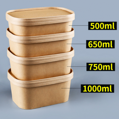 Rectangular Biodegradable Paper Bowl Heatable Kraft Waterproof Kraft Paper Food Box With PP/PET Lids