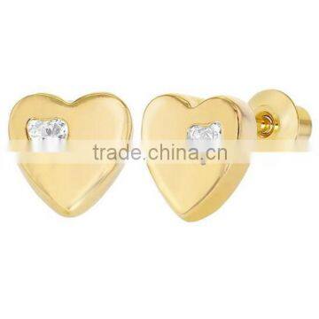 18k Gold Plated Clear Crystal Little Heart Screw Back Safety Baby Girl Earrings 6mm