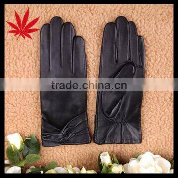 Women's sheepskin Leather Cold Weather Gloves with Crossing Bow