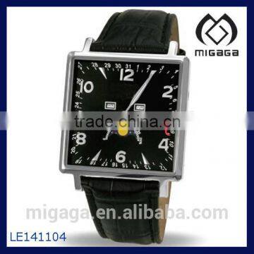 Mens triple date and Moonphase Black leather Strap watch