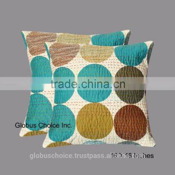 Blue Indian Kantha Work White Polka Dot Cushion Cover