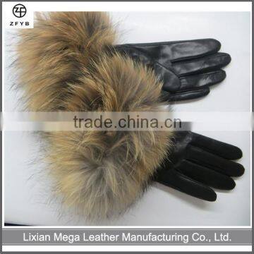 Wholesale Popular Fashion Women Leather Gloves Real Raccoon Fur Leather Gloves