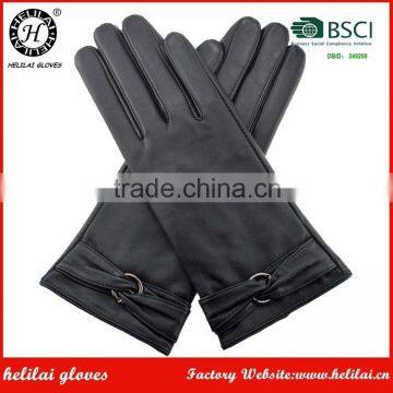 Helilai leather gloves black sheepskin with belt lady warm winter gloves