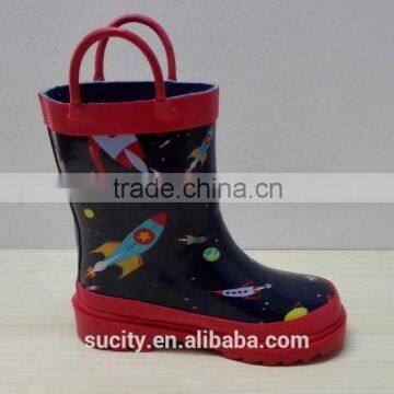 cute kids rubber rain boots with handle and rocket print