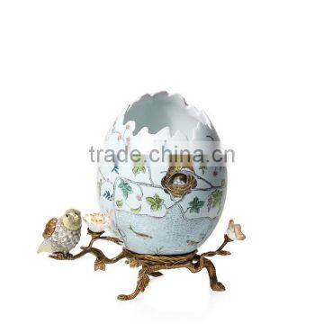 Elegant Porcelain Jar Vase With Brass Base, Blue & White Design Ceramic Egg Shaped Vase, Home Decor Imitate Bird Flowr Pot