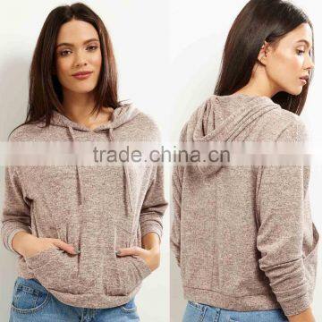 Crop Hoodies Women Simple Long Sleeves Grey Brushed Marl Cropped Top Hoodie