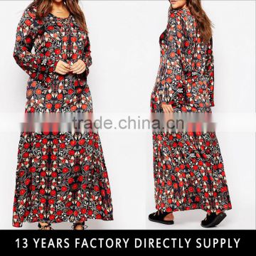 Ladies floor touching plus size flower printed maxi dress for women 2016