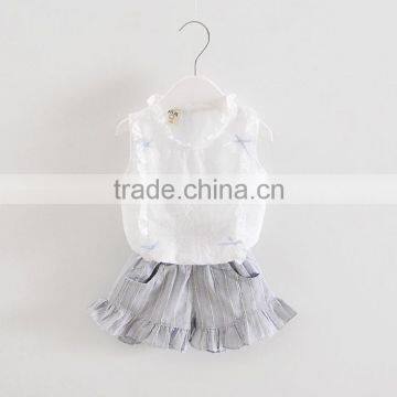 2017 wholesale summer toddler girl's birthday clothing set white shirt and shorts pant suit