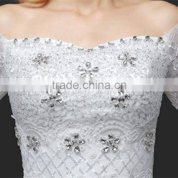 MGOO Lace Trim Hem Beaded Empire Vintage Floor Length Off Shoulder Wedding Dress Bride Grown Long Sleeve photo-5