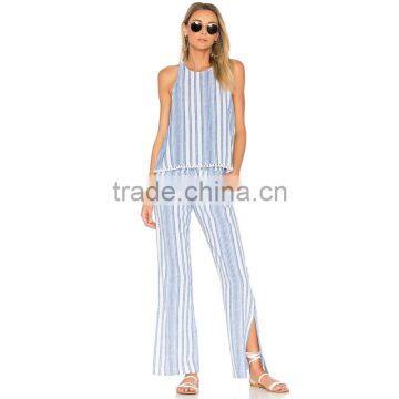 Cotton Blend Striped Drawstring Trousers Ladies Side Slit Lounge Pants photo-6