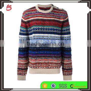 Multi Color Crew Neck Knitted Jumper Men's Intarsia Sweater with Button Decoration on Shoulders