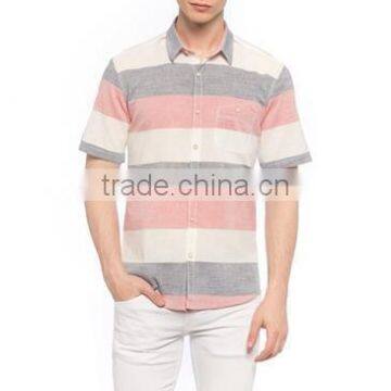 Coral Striped Short Sleeve Buttonless Men Shirt