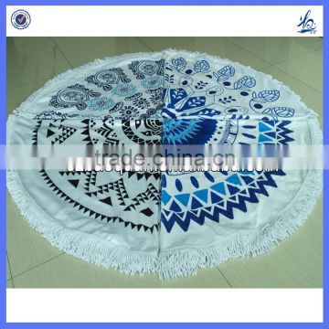 Digital printed plush microfiber round beach towel with fringe