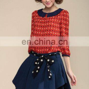 2013 ladies doll brought pattern printed two layers mini skirt suit with belt