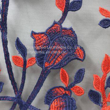 China Manufacture Red and Deep Blue Parch Flower Embroidered Lace Fabric for Dress photo-2