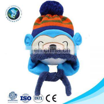 Customized fashion warm plush blue monkey beanie hat kintted baby winter hat