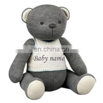 Baby first teddy bear in grey color with baby's name knit teddy bear