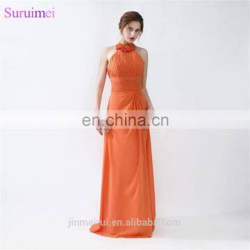 Orange Bridesmaid Dresses Floor Length Pleated Peach Color Chiffon On Sale Halter Bridesmaid Dresses photo-3