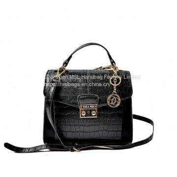 Top Handle Small Black Crocodile Crossbody Square Shoulder Bag Women Handbag with Flap