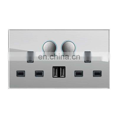 UK Standard 6-Pin Wall Socket With Double Switch +2USB 146mm*86mm Tempered Glass Panel  Socketes and Switches Electrical 13A