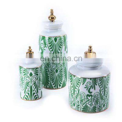 Hot Sell New Design Central Asian Style Green And Gold Ceramic Tea Canister Set