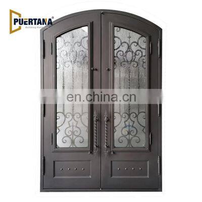 Arched Top Wrought Iron French Double Front Entry Door With Sidelights & Transom Exterior Steel Main Entrance Door Grill Design photo-3