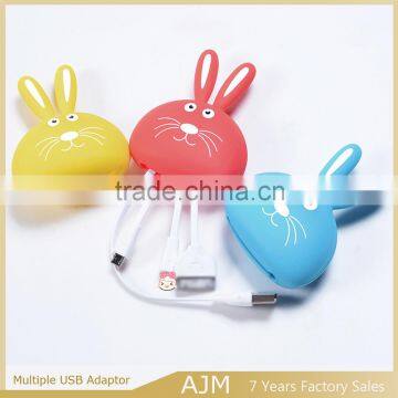 Silicone 3 in 1 cable with 8 pin/30 pin/micro ports cute hare ultra thin usb convenit extension cable