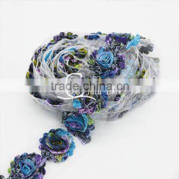 2.5" peacock shabbies- printed shabby flower- Aqua/Purple- Chiffon Flowers- Headband Flowers- DIY Supplies- Fabric Flowers