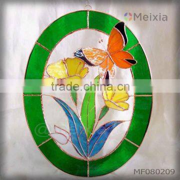 MF080209 china wholesale tiffany style butterfly hanging ornament stained glass panel window decorations for home decoration