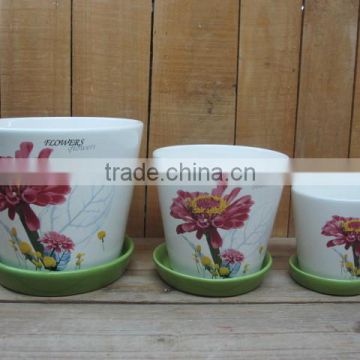 Set 3 Round Ceramic Plant /Flower Pot with Pallet Tray