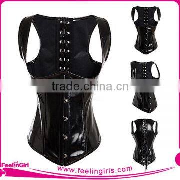 Black Leather Corset Tops With Straps For Women