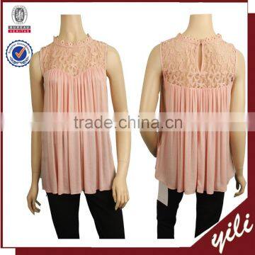 2016 S/S Lace Neck Women Sleeveless Pink Summer Pleated Blouse