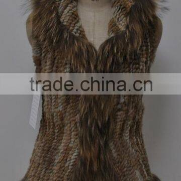 women fashion knitted real rabbit fur vest with raccoon trimming LK16F025