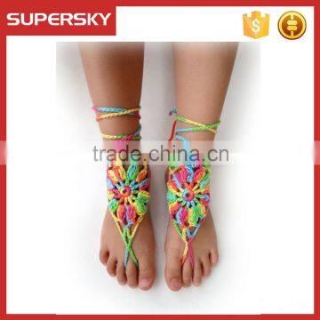 V-998 rainbow crochet barefoot sandals beach wedding barefoot sandals cotton crochet anklets foot jewelry with toe ring