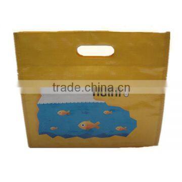 "Fish "yellow pp woven shopping bag with die cut /glossy lamination