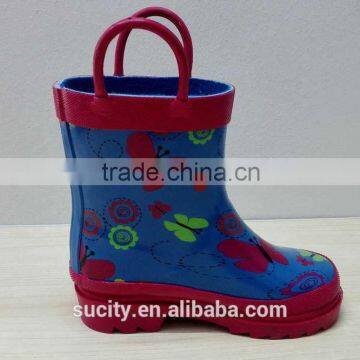 cute kids rubber rain boots with handle and butterfly