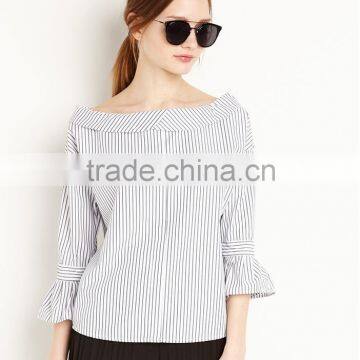 Women's Bell Sleeve Stripe Pattern Round Neck Pleated Blouse photo-2