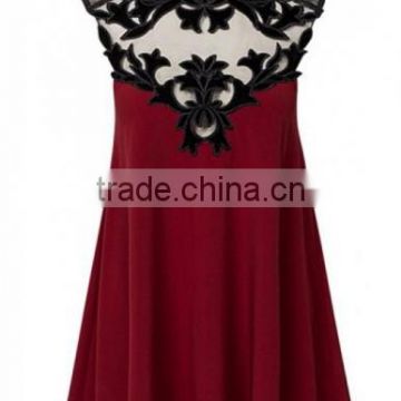 Wine Red Patchwork Grenadine Cut Out Band Collar summer dress 2015