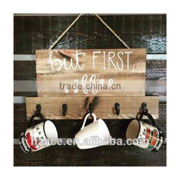 Wooden Coffee Sign Twine and Hooks, Personalized Coffee Gift photo-2