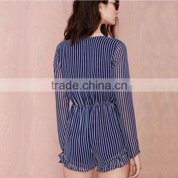 HAODUOYI Women Sexy Deep V Blue Stripe Chiffon Short Jumpsuit Fold Playsuits for Wholesale photo-3