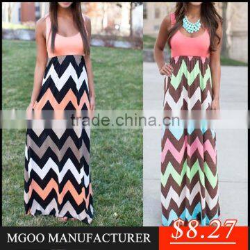 MGOO 2015 High Quality Stock Sleeveless Women Maxi Stripe Dress Knitted Zig Zag Colorful Beach Dress Z390