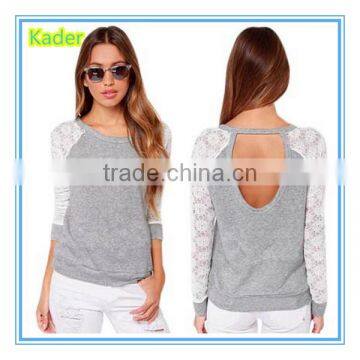 New 2015 Fashion Brand T Shirt Women Long Sleeve Sexy Lace Crochet T-Shirt Embroidery Knitted Slim Novelty Tops Plus Size S-XXXL