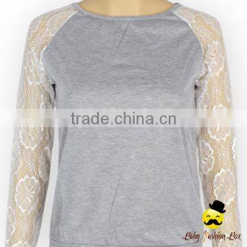 2017 Spring Cheap Adult Lady Transparent Lace Floral Long Sleeve Plain Gray Breathable Cotton Raglan Casual Shirt photo-2