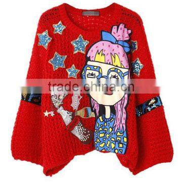 M1212 Runwaylover 2016 latest design fashion ladies sequin cartoon girl star pattern knitted sweater