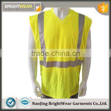 Mens fluorescent hi vis yellow sleeveless 3M tapes worker USA reflective t-shirt