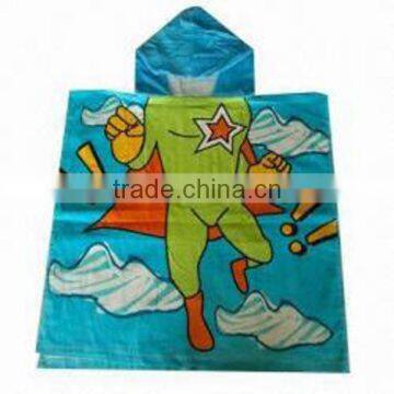 100% Cotton Velour Reactive Printed kids hooded poncho towel